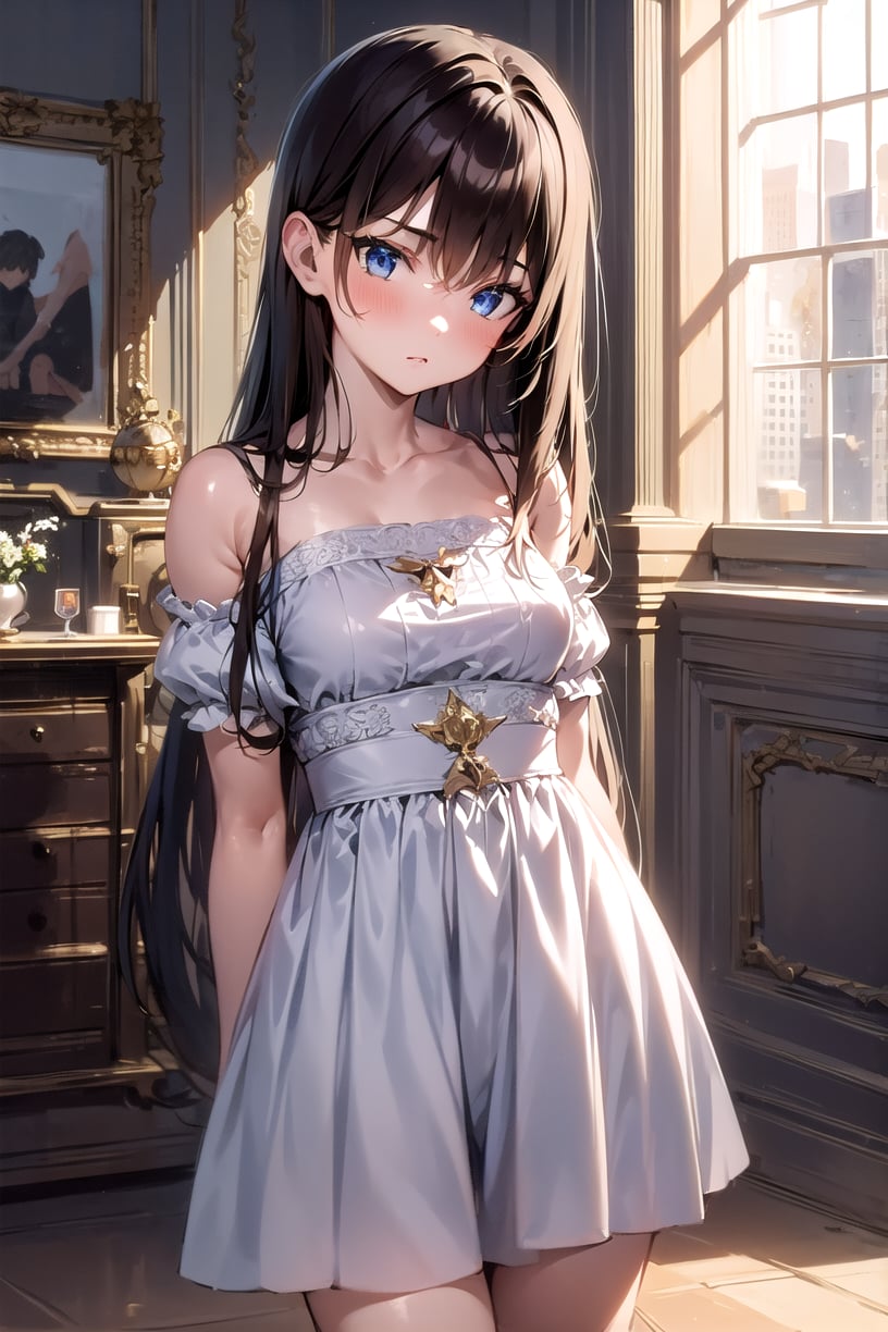 masterpiece, best quality, 1girl, long hair, indoors, white dress, smug, hall, blue eyes, brown hair, 