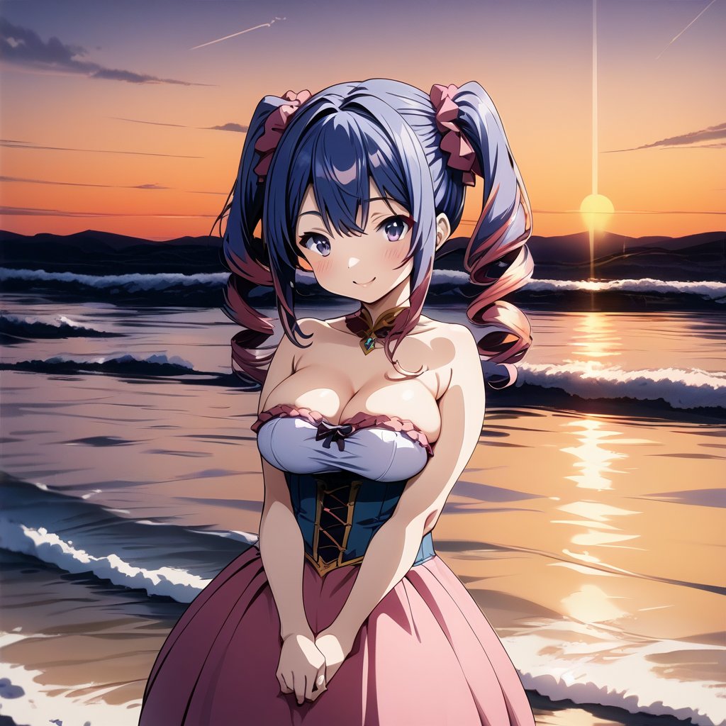 1girl,twintails, blue_hair,seductive smile, large_breasts,tube_top_strapless_dress,corset,jewelry,horizon,sunset,