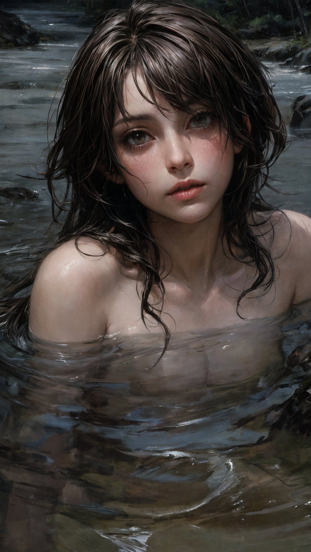 sooth toned, epic spacious composition, adorable face, mature lesbian lover amidst Mysterious River of Jubilant, Inviting atmosphere:1.4), partial nude, realistic features, detailed picture, moody lighting, hd32k,masterful painting, flat, add details, <lora:add_detail:0.5> <lora:flat1:-1> 