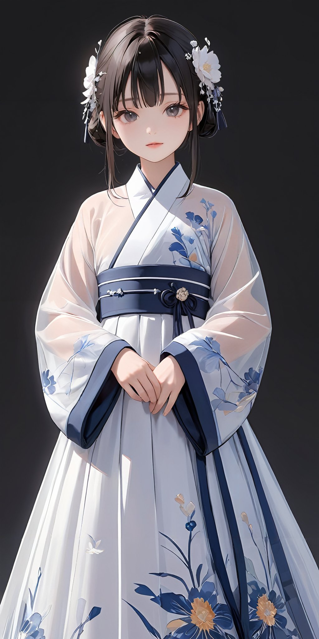 masterpiece,ultra-detailed,best quality,8K,illustration,simple background,girl,cowboy shot,   <lora:add-detail-xl:1>  <lora:Hanfu_XL_V1.0:0.5> jyojifuku, hair ornament, floral print,see-through