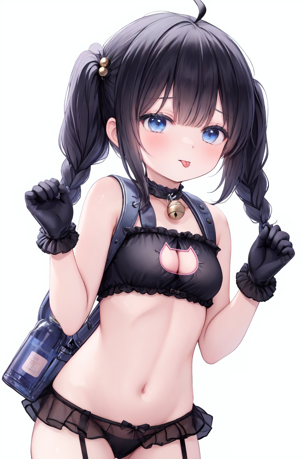 1girl, clothing cutout, cat cutout, solo, backpack, bag, cat lingerie, cleavage cutout, navel, panties, braid, gloves, blue eyes, bow, hair bow, tongue out, twin braids, breasts, bell, jingle bell, baby bottle, tongue, looking at viewer, black bra, randoseru, long hair, bottle, white background, hair ornament, simple background, holding, small breasts, bangs, black gloves, choker, black bow, neck bell, ahoge, bare shoulders, twintails, paw gloves, frills, blush, underwear only, white hair, :p, crime prevention buzzer, stomach, holding bottle, cowboy shot, cleavage, water bottle, yunmi style, sf5etf98, s6f8ey8vsdj, dr6g8cvwo, s5fr8gt, a35veo8vsdo, c6gw9oyh, c6s9eo5j