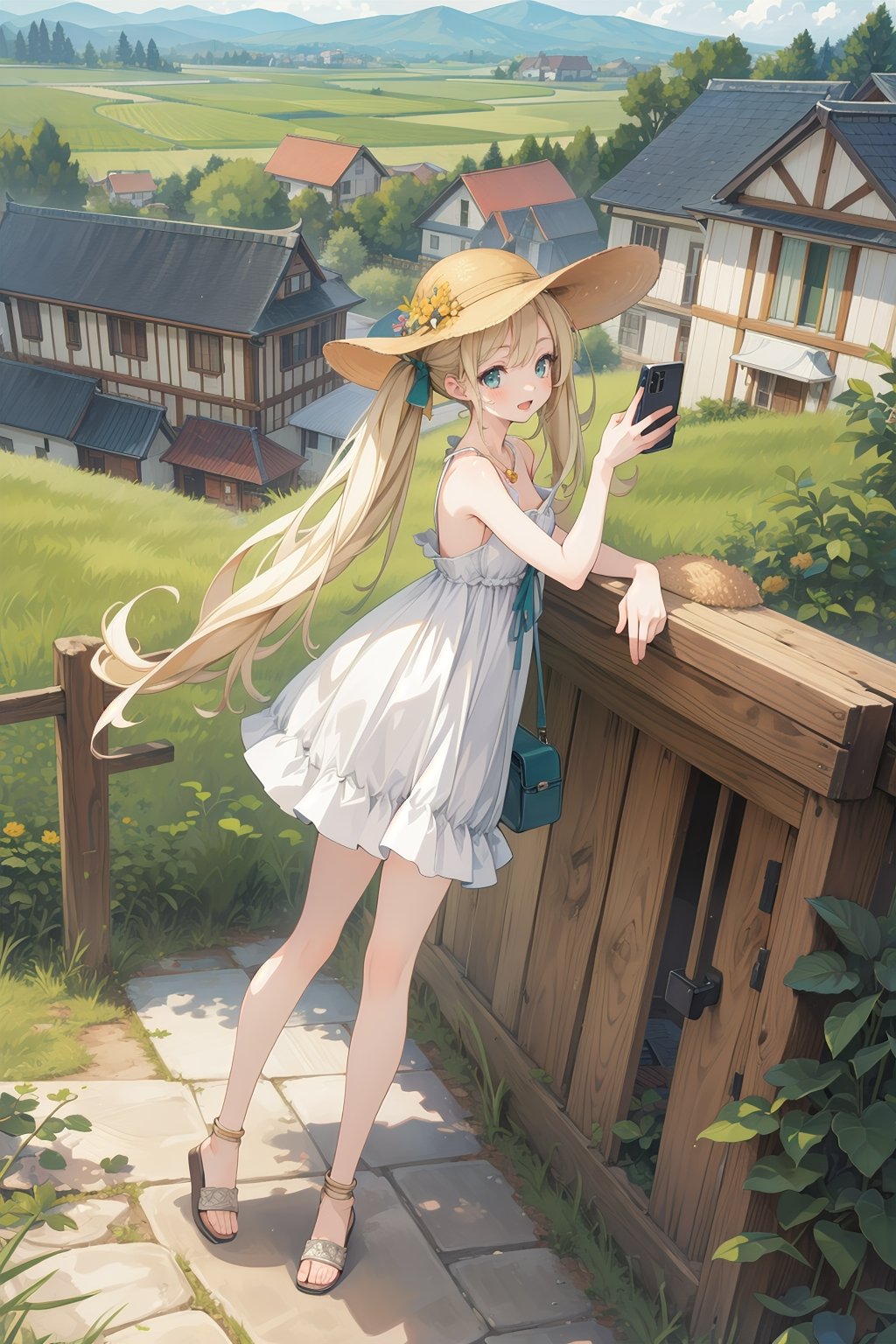 masterpiece,4k, best quality,slim,thin,skinny, panorama view,(full_body:1.2), 1girl,mesugaki,petite,slim_legs,smile,open mouth,sweat,full body,blonde hair,aqua eyes,absurdly long hair,twintails, floating hair, rice paddy,from_side nsfw,sun hat,sandals, cleavage,leaning_forward,anklet,necklace,(white_sundress, strap_slip,short_dress,bare_legs),standing,downblouse, nipple_slip, ((selfie),holding_phone),from above,    outdoors,rice paddy, clear sky,cloud,mountain,(house:1.4),(sunflower:0.7),truck, cabin,countryside,village,road,electric line pole,fruit,berry, rainbow