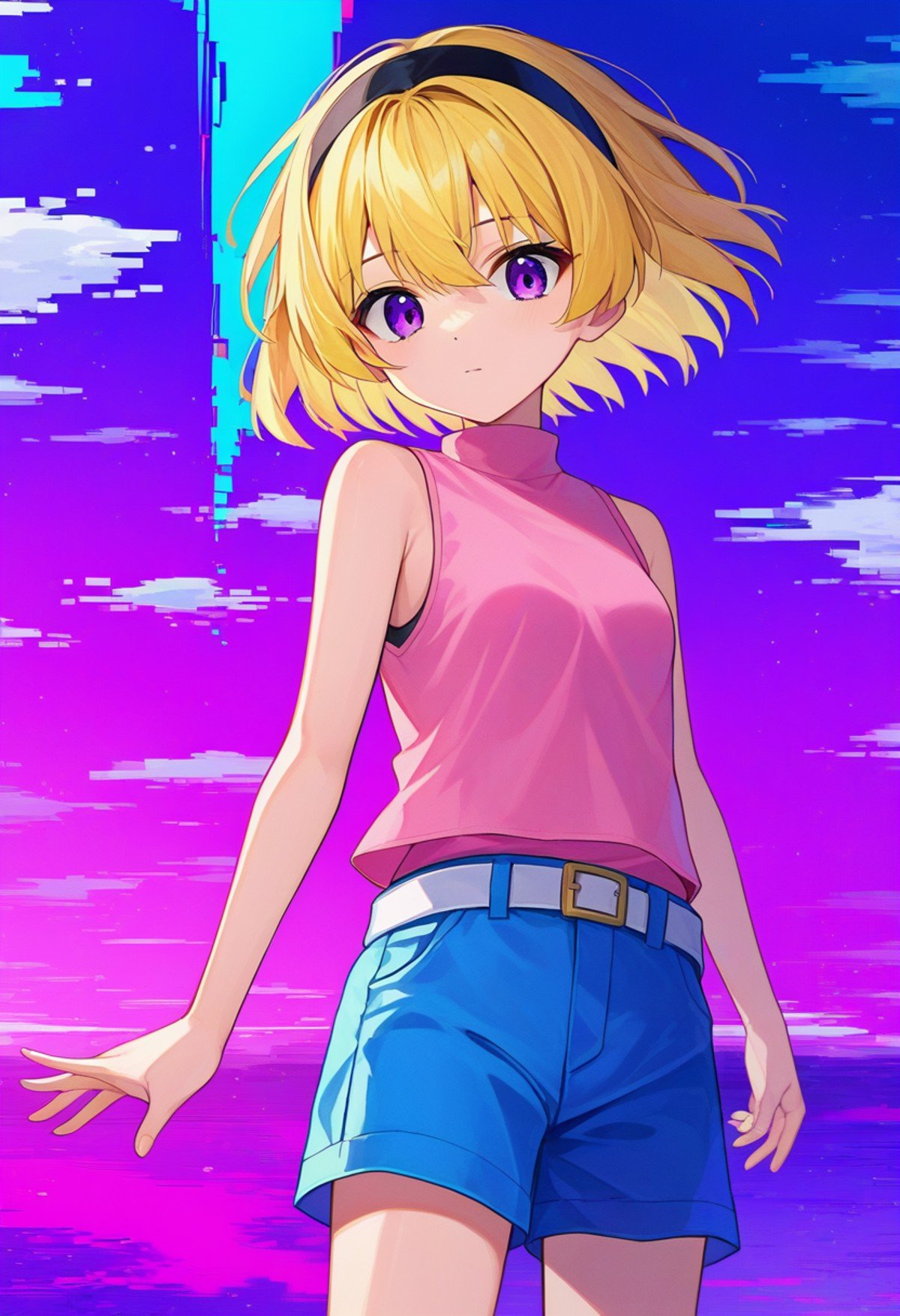 score_9, score_8_up, score_7_up, source_anime, <lora:Satoko Houjou Pony 5-000003:1>, houjou_satoko, 1girl, shorts, blonde hair, solo, hairband, shirt, sleeveless, blue shorts, short hair, belt, pink shirt, purple eyes, sleeveless shirt, black hairband, bangs, bare shoulders, white belt, small breasts, cumulonimbus, empty field,glitch, sky