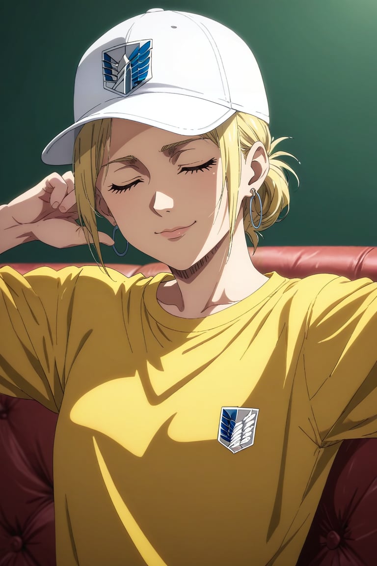 score_9, score_8_up, score_7_up, source_anime, rating_safe, intricate details, anime screencap, anime coloring, official style, looking at viewer, depth of field, 1girl, aqua eyes, baseball cap, blonde hair, closed mouth, earrings, green background, hat, hoop earrings, jewelry, looking at viewer, shirt, short hair, simple background, solo, upper body, yellow shirt, solo, rule of thirds, living room, couch, dusk, victory pose, (closed eyes:1.2), smile, <lora:shingeki_no_kyojin_s4_style_pony:0.78>, shingeki_no_kyojin_s4_style, <lora:sdxl_lightning_8step_lora:1>