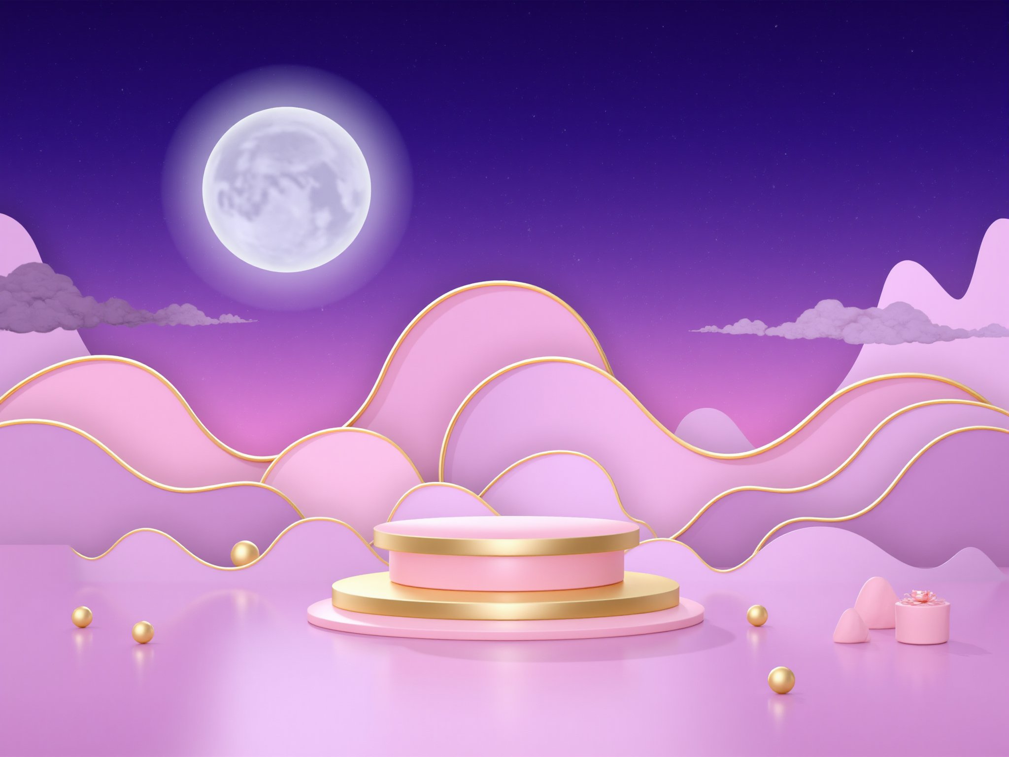 zhongqiu_booth, cinematic illustration, night scene, moonlit sky, pink and purple hues, gentle waves, golden arch, round table with a golden top, pink macarons on a table, scattered pearls, serene and whimsical atmosphere, soft lighting, gentle shadows, dreamy and tranquil mood..<lora:flux-zhongqiu-booth:1>