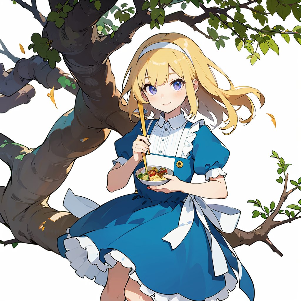 (masterpiece, best quality,top quality),(white background:1.5),(full body),1girl,solo,long hair,blonde hair,smile,tree,hair ornament,food,blush,looking at viewer,sitting,blue eyes,dress,blue dress,short sleeves,apron,puffy short sleeves,bow,puffy sleeves,hairband,chopsticks,purple eyes,incoming food,feeding,holding,against tree,ribbon,outdoors,<lora:Celluloid_flat_mix_v2:0.8>,