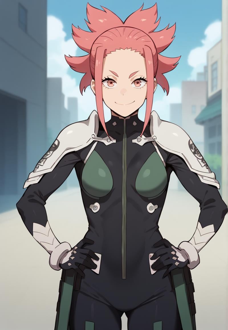 (looking at viewer, smile, closed mouth, hands on own hips),  <lora:taenakanoshima-10:1> taenakanoshima, pink hair, ponytail, pink eyes, black bodysuit, armor, black gloves, shoulder armor, 16k, masterpiece, absurdes, highly detailed, highres, high quality, best quality, score_9, score_8_up, score_7_up, score_6_up