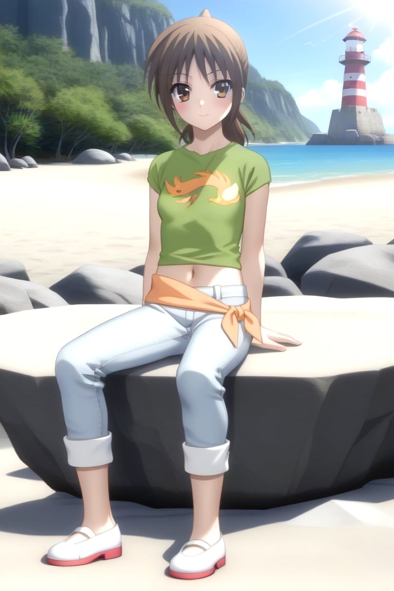 Highly detailed, High Quality, masterpiece, beautiful, source_anime, 1girl, solo, (feminine focus, young woman, 16 years old), Otome Katou, brown hair, brown eyes, medium hair, ponytail, tiny_breasts, green shirt, navel, midriff, pants, jeans, shoes, looking_at_viewer, front view, sitting, Open legs, sea lighthouse, stones near the coast<lora:EMS-453333-EMS:1.000000>