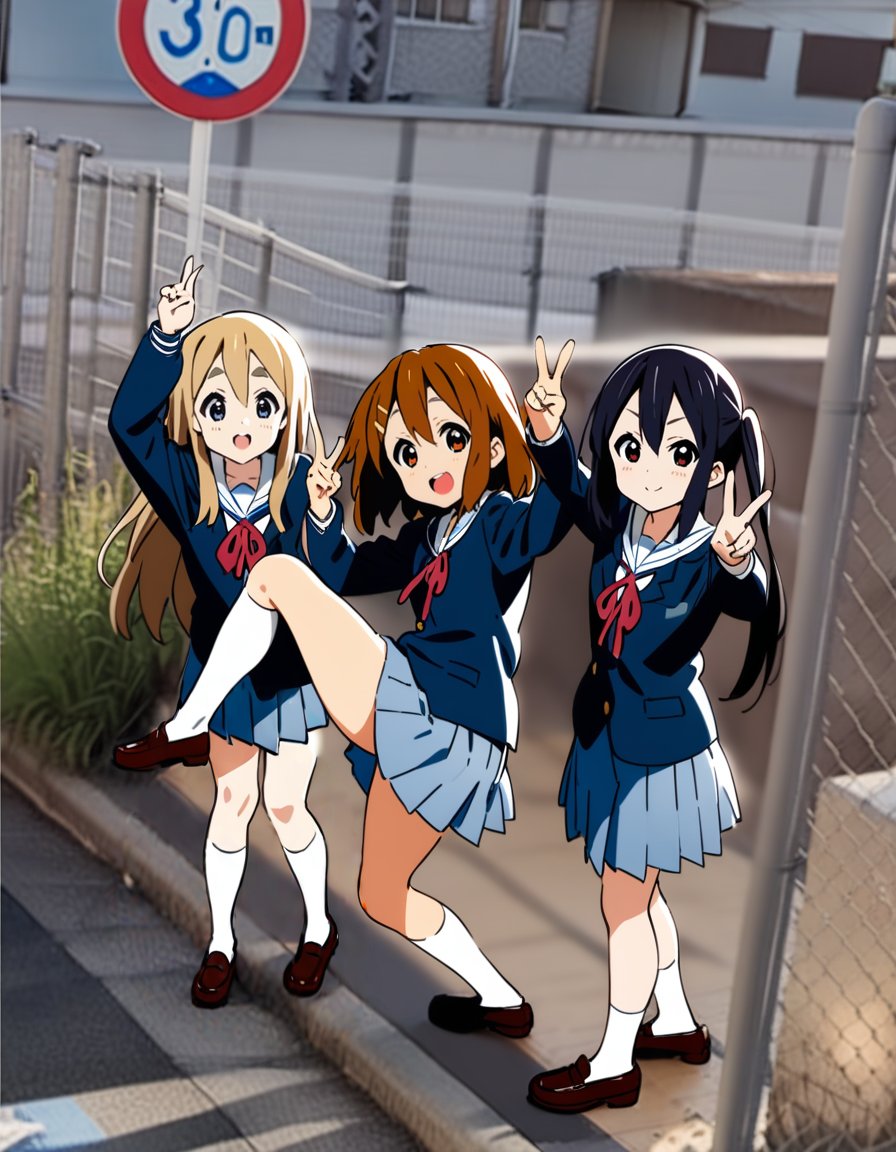 masterpiece, best quality, ultra detailed, highres,4k,(ultra-detailed:1.4) (illustration:0.5), (ray tracing,:0.8),(anime colored:0.7),(ai-generated:0.5),nakano azusa, k-on!hirasawa yui, k-on!kotobuki tsumugi, k-on!smile,school uniform,<lora:googlecarmemeXL1:1>,googlecarmeme,multiple girls, 3girls,outdoors,sign,road, road sign,city,v,standing on one leg,arm up,