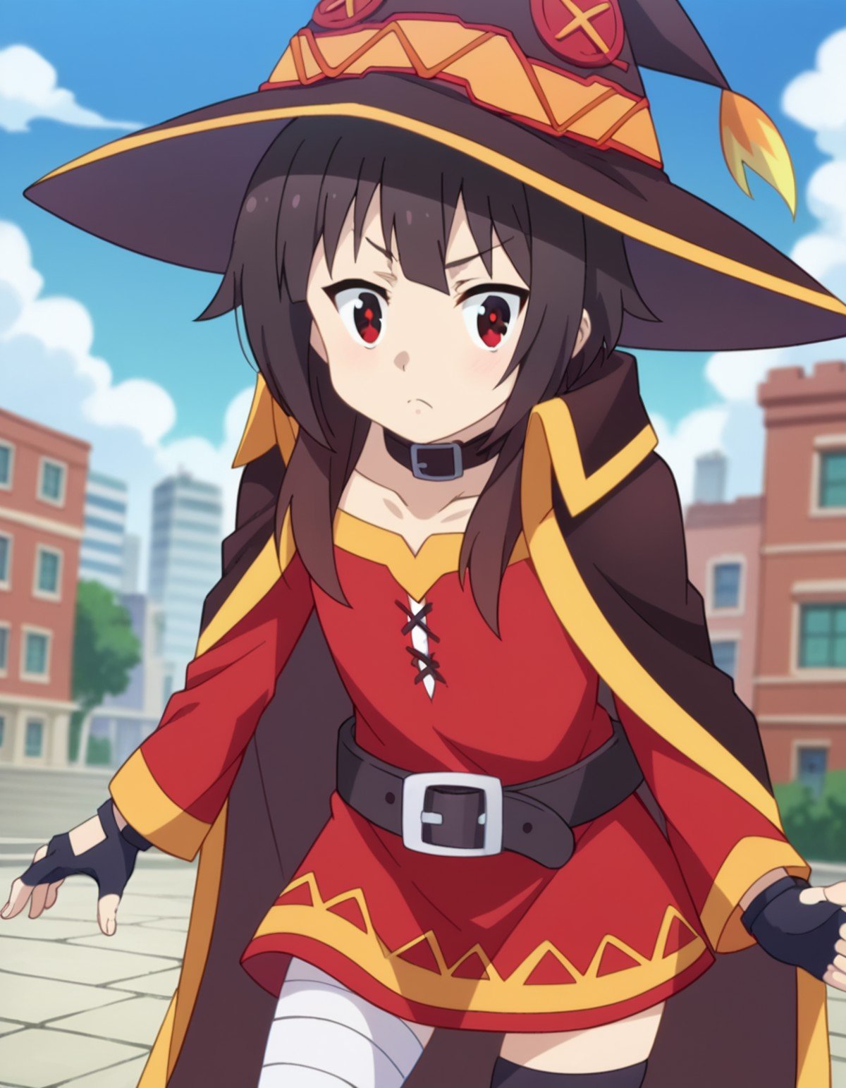 score_9, score_8_up, score_7_up, source_anime,konosubamegumin, <lora:konosuba-megumin-s2-ponyxl-lora-nochekaiser:1>,megumin, short hair, black hair, red eyes, short hair with long locks,thighhighs, gloves, hat, dress, black gloves, belt, black thighhighs, fingerless gloves, cape, collar, witch hat, bandages, red dress, single thighhigh, asymmetrical legwear, bandaged leg,outdoors, cityscape, bent over,looking at viewer, dutch angle, cowboy shot,