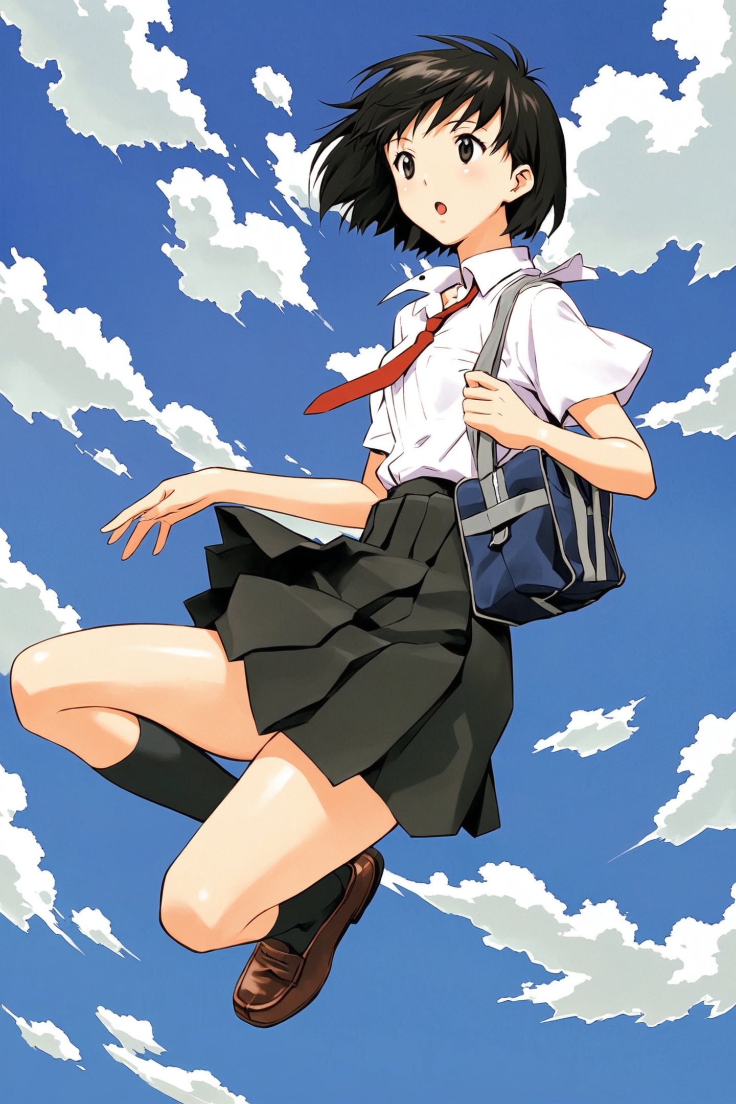 1girl,solo,sky,day,bag,skirt,cloud,socks,short hair,shoes,open mouth,shirt,loafers,black hair,kneehighs,white shirt,pleated skirt,school uniform,school bag,short sleeves,black skirt,outdoors,necktie,brown footwear,blue sky,collared shirt,jumping,midair,full body,black socks,running,shoulder bag,falling,miniskirt,dress shirt,:o,<lora:Sadamoto Yoshiyuki_XL_kohaku:0.8>,