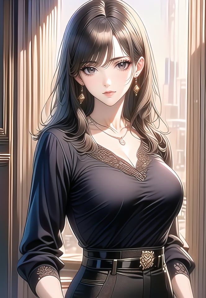 (best quality), ((masterpiece)), (highres), illustration, original, extremely detailed,1girl, solo, jewelry, necklace, shirt, breasts, black shirt, looking at viewer, long hair, earrings, belt, cleavage, shirt tucked in, black hair, bangs, closed mouth, long sleeves, collarbone, large breasts, collared shirt, upper body, high-waist pants, black belt, black eyes