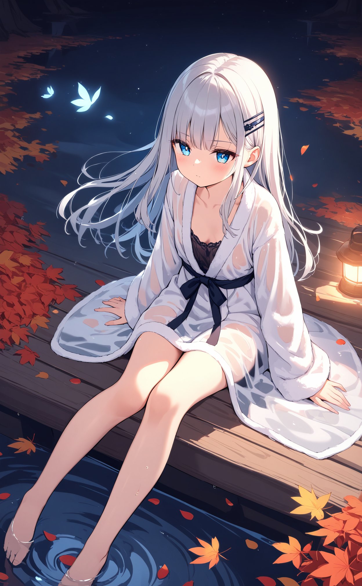 (masterpiece),(best quality),illustration,ultra detailed,hdr,Depth of field,(colorful),loli,(a girl),8 years old,(((((solo))))),dark,dark,dark,(((night))),(((autumn))),lantern,hairpin,wind,(flying petal:1.5),Dieffenbachia seguine Schott,maple,((Falling Maple Leaves)),((Tyndall effect)),sprinkle,Beautiful detailed water surface,Water Reflection,detailed water,ripple,fog,sitting,Tulle bathrobe,Wet clothing,The water reflects the starry sky,female focus,lovely face,extremely delicate and beautiful girls,blue eyes,diamond and glaring eyes,beautiful detailed glow,lateral view,1 gir,straight hair,silver hair,cleavage,braid,Slender waist,small breast,barefoot<,