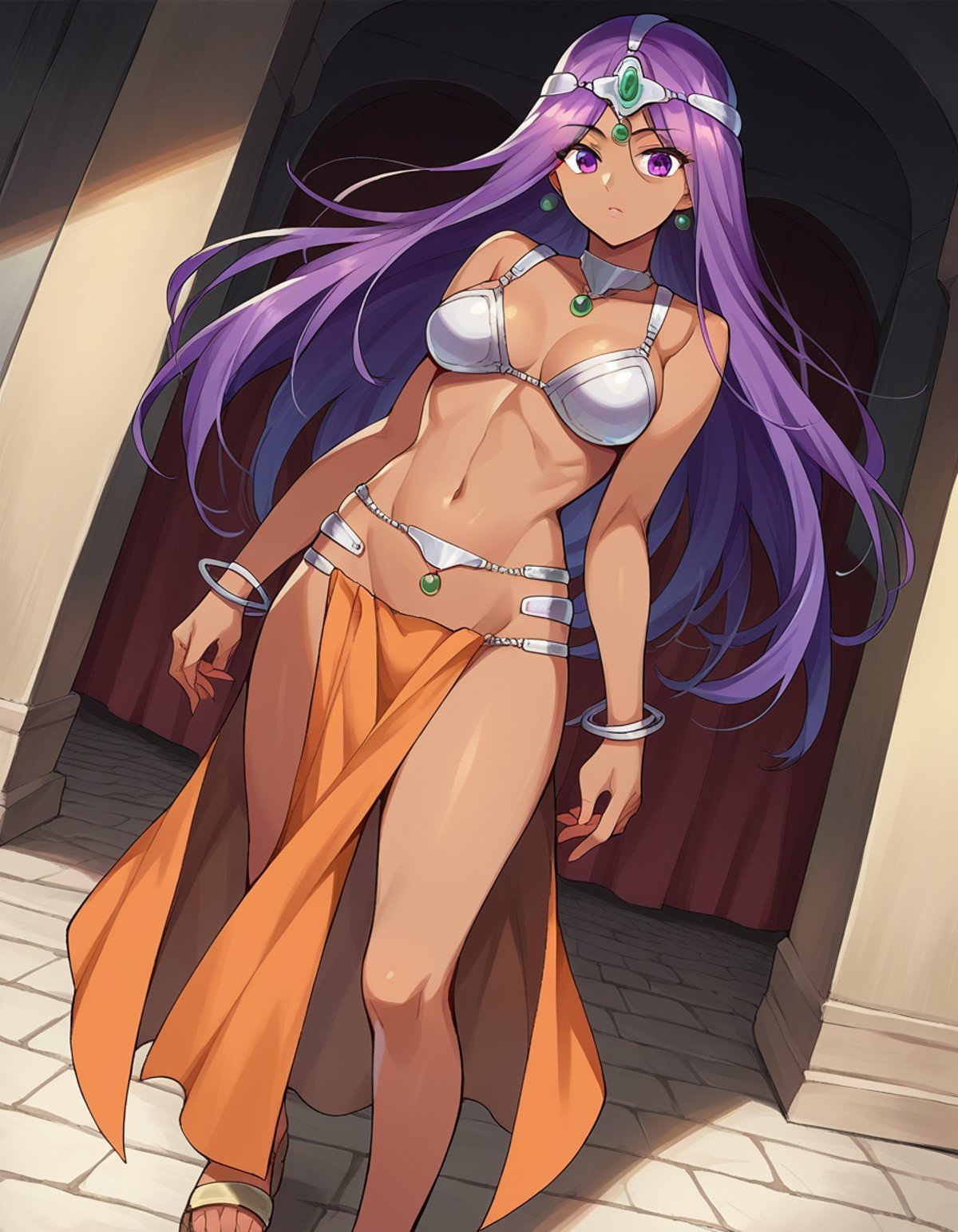 score_9, score_8_up, score_7_up, source_anime,dqmanya, <lora:dq-manya-ponyxl-lora-nochekaiser:1>,manya, dark skin, dark-skinned female, long hair, purple eyes, purple hair,bikini, bikini top only, bracelet, circlet, jewelry, loincloth, pelvic curtain, sandals, swimsuit,indoors,looking at viewer, dutch angle, cowboy shot,