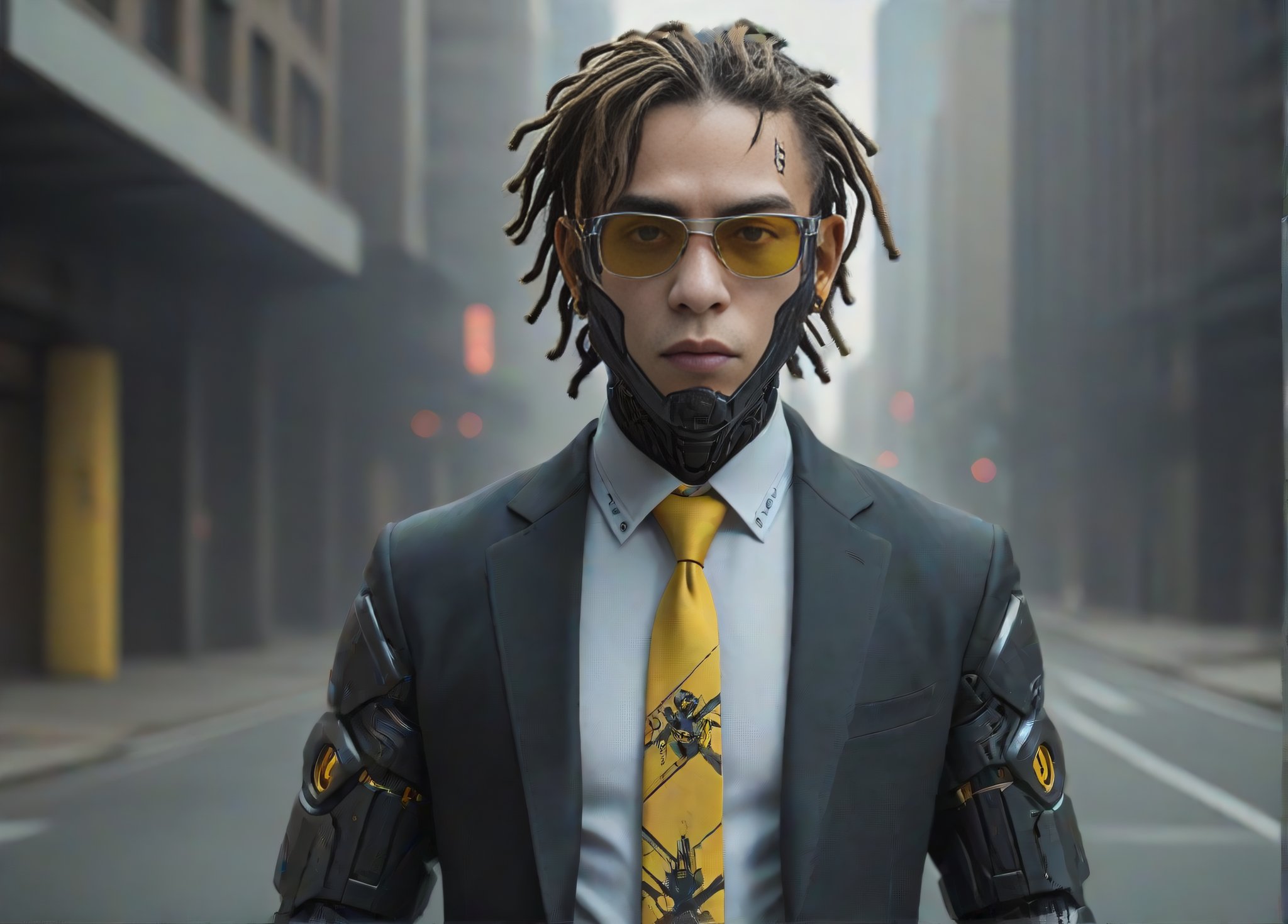 HDR photo of fashion portrait of a mixed race early 20s cyberpunk male, wearing a dark executive suit, mechanical arms, zavy-cbrpnk, faceplate, yellow power tie, wearing glasses, short dreadlocks, standing on a street corner, waist up body shot, <lora:zavy-cbrpnk-sdxl:1>, . High dynamic range, vivid, rich details, clear shadows and highlights, realistic, intense, enhanced contrast, highly detailed