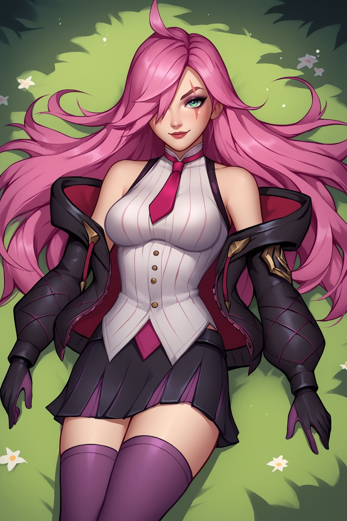 score_9, score_8_up, score_7_up, score_6_up, score_5_up, score_4_up, BREAK, KatarinaBAXL, katarina \(league of legends\), scar across eye, green eyes, pink hair, long hair, hair over one eye, ahoge, medium breasts, bare shoulders, open jacket, black jacket, pink necktie, white shirt, black gloves, black skirt, purple thighhighs, black thighhigh, multicolored thighhighs, solo, lying on grass, seductive smile, looking at viewer, forest, tree <lora:KatarinaBAXL:0.9>