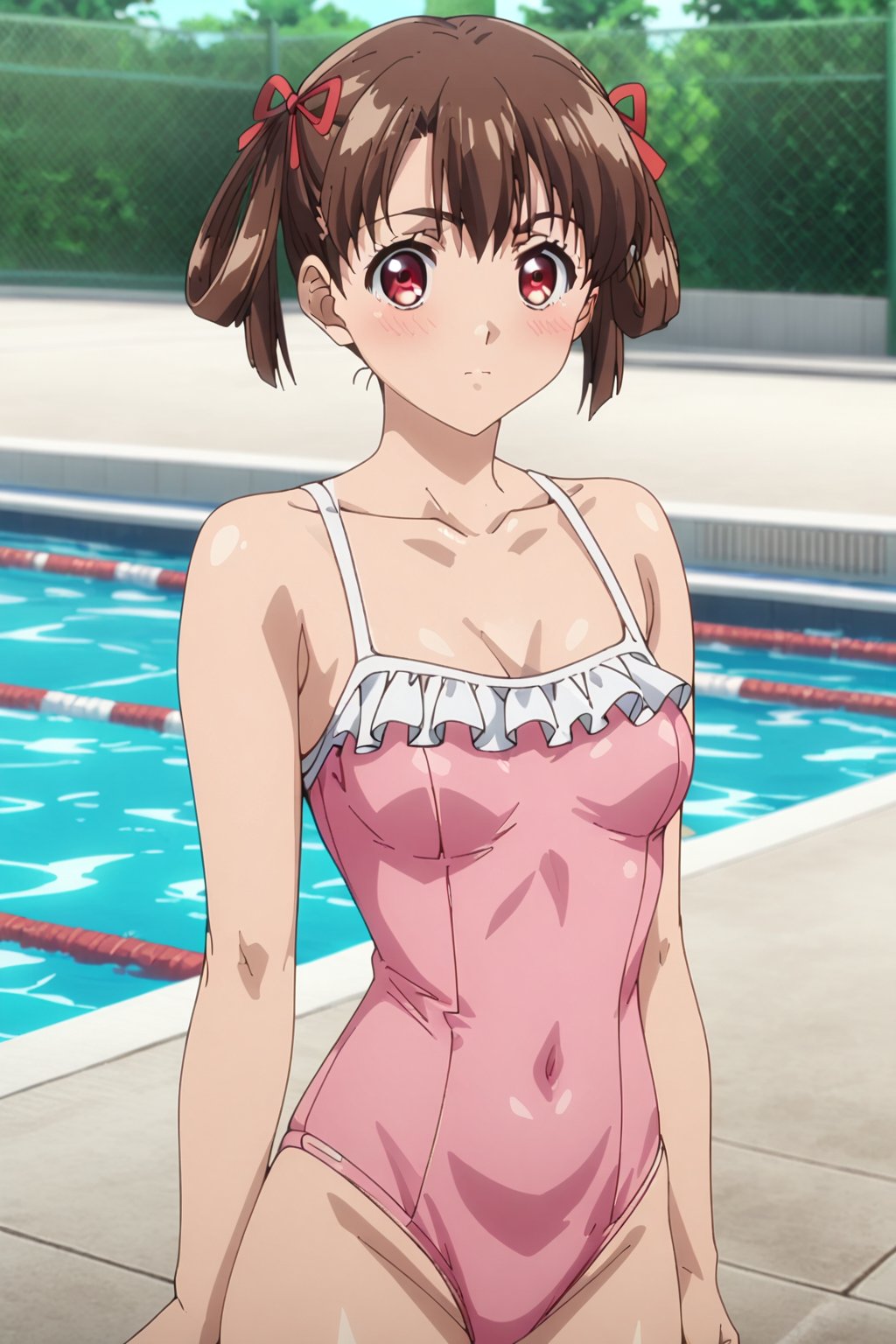 1girl, pool, one-piece swimsuit, solo, swimsuit, brown hair, outdoors, breasts, small breasts, pink one-piece swimsuit, collarbone, looking at viewer, frilled one-piece swimsuit, frills, upper body, fence, ribbon, red eyes, hair ribbon, day, chain-link fence, red ribbon, casual one-piece swimsuit, closed mouth, umbrella, blush, short hair, poolside, twintails, water, bare shoulders, hair rings,masterpiece, perfect face, best quality, beautiful girl, blurry background, cute girl, beautiful eyes, shiny eyes, anime coloring, anime screencap, absurdres,<lora:soratani natsuki anim:0.8>