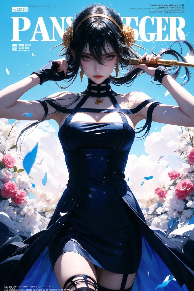 XUER Yor Forger,1girl,yor briar,solo,dress,breasts,flower,black dress,red eyes,black hair,holding,thighhighs,gloves,hair ornament,hairband,cleavage,petals,hair flower,black gloves,black thighhighs,holding weapon,fingerless gloves,blood,dual wielding,bare shoulders,sidelocks,gold hairband,looking at viewer,bangs,long hair,large breasts,rose,two-sided fabric,copyright name,two-sided dress,blue background,hair between eyes,sleeveless,sleeveless dress,medium breasts,short hair with long locks,blood on weapon,earrings,A shot with tension,(Visual impact,giving the poster a dynamic and visually striking appearance:1.2),impactful picture,(masterpiece, best quality:1.2),offcial art,movie perspective,advertising style,magazine cover,very aesthetic,disheveled hair,very aesthetic,illustration,disheveled hair,perfect composition,moist skin,intricate details,<lora:绪儿 约尔福杰 XUER Yor Forger:0.8>,