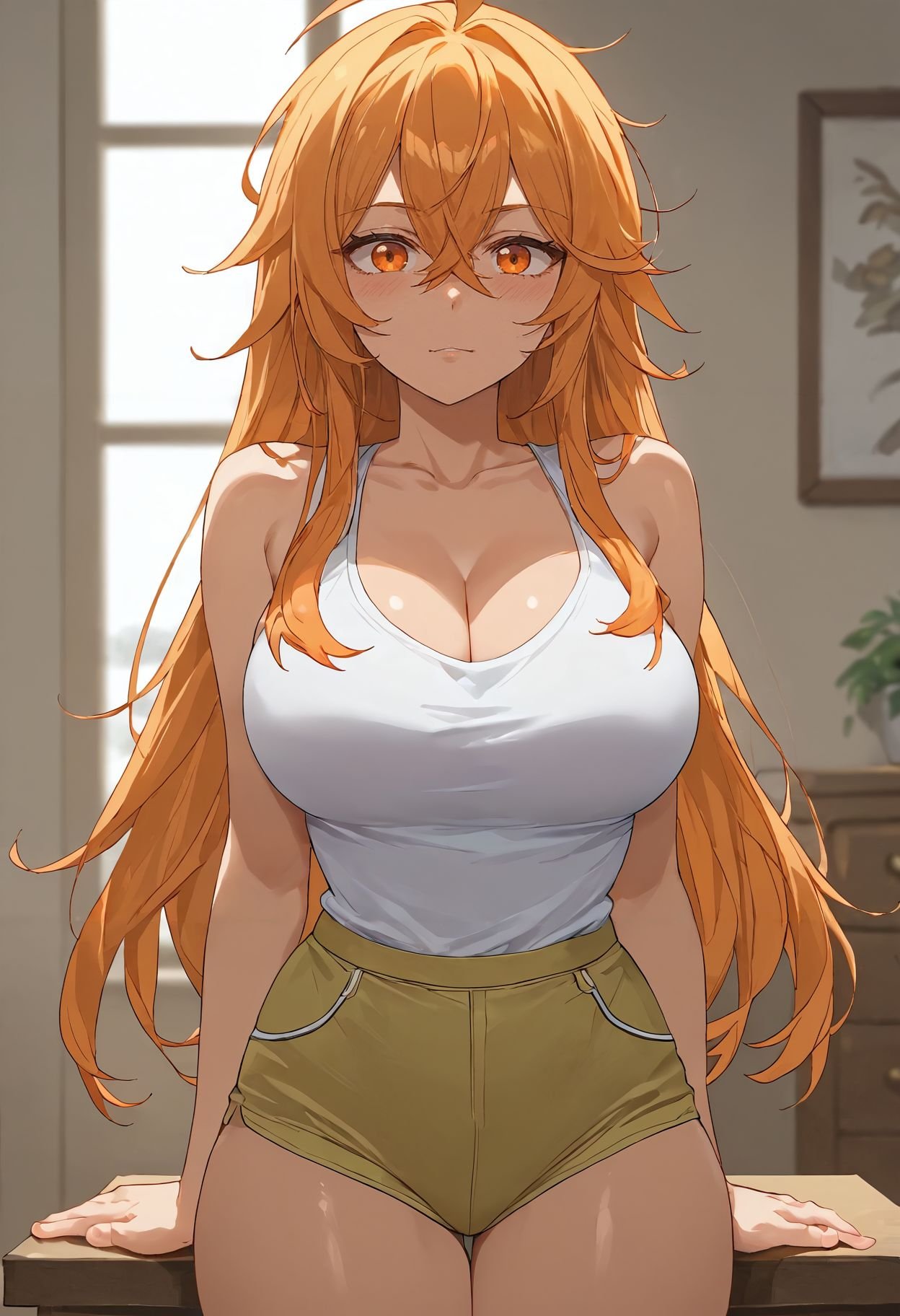 score_9, score_8_up, score_7_up, score_6_up,source_anime,1girl, ahoge, black hair, blush, breasts, cleavage, collarbone, cowboy shot, hair between eyes, indoors, large breasts, long hair, looking at viewer, orange eyes, orange hair, shirt, sidelocks, simple background, sleeveless, sleeveless shirt, solo, standing, thighs, window