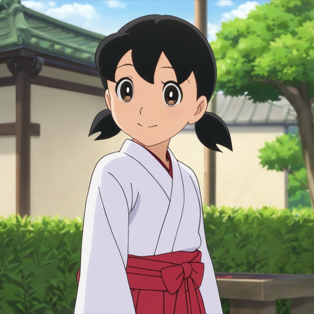 minamoto shizuka,1girl, solo, japanese clothes, black hair,miko, black eyes, smile, twintails, outdoors, hakama, looking at viewer, skirt, short hair, day, short twintails, hakama skirt, tree, red hakama, long sleeves,masterpiece, perfect face, best quality, beautiful eyes, shiny eyes, anime coloring, anime screencap, absurdres, award winning,<lora:minamoto shizuka aam 905:0.8>