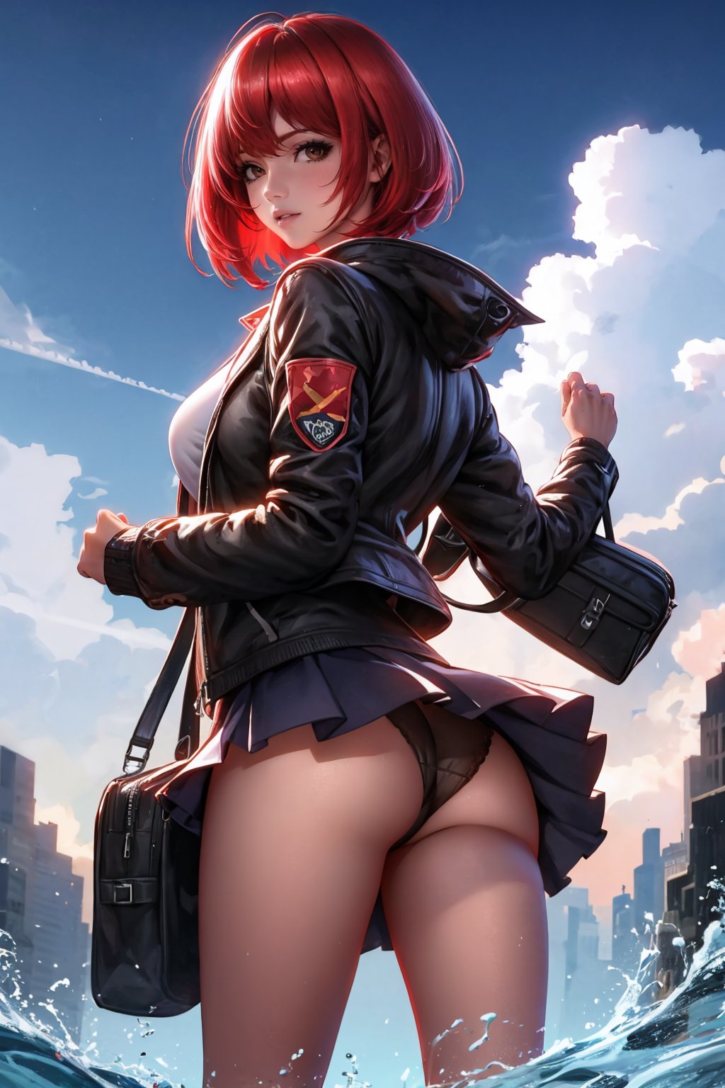 (masterpiece, best quality:1.2), <lora:liangxing:1>, liangxing, 1girl, underwear, panties, solo, black panties, brown eyes, skirt, pantyshot, short hair, bag, jacket, red hair