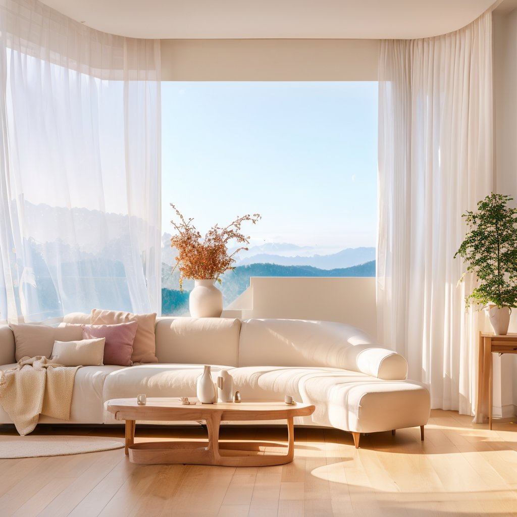 Interior, modern light luxury minimalist style, super wide Angle, soft light, white walls, large floor-to-ceiling Windows, 1 pot plant, white tulle curtains, early morning, RAW color photos, professional photos, masterpieces, best quality, realistic