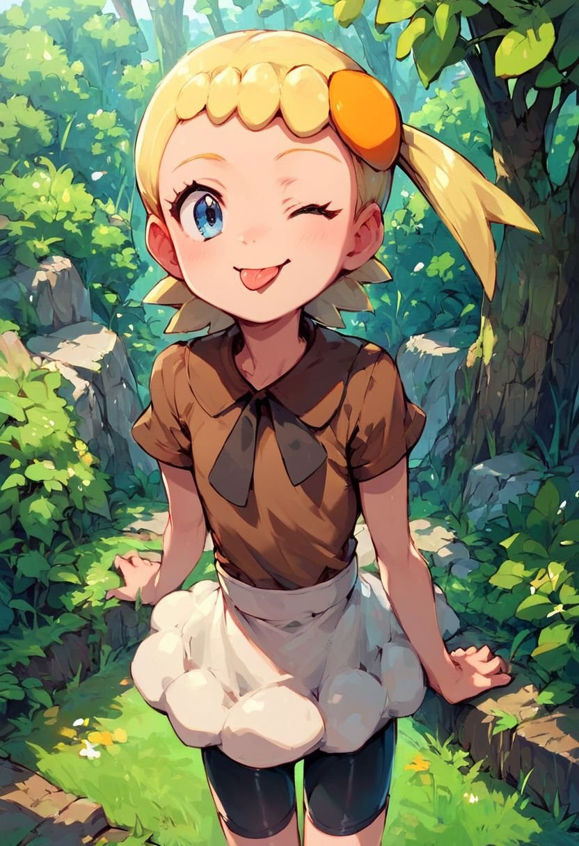 score_9, score_8_up, score_7_up, score_6_up, bonnie, blue eyes, blond hair, side ponytail, brown shirt, bike shorts, tongue out, one eye closed, outdoors