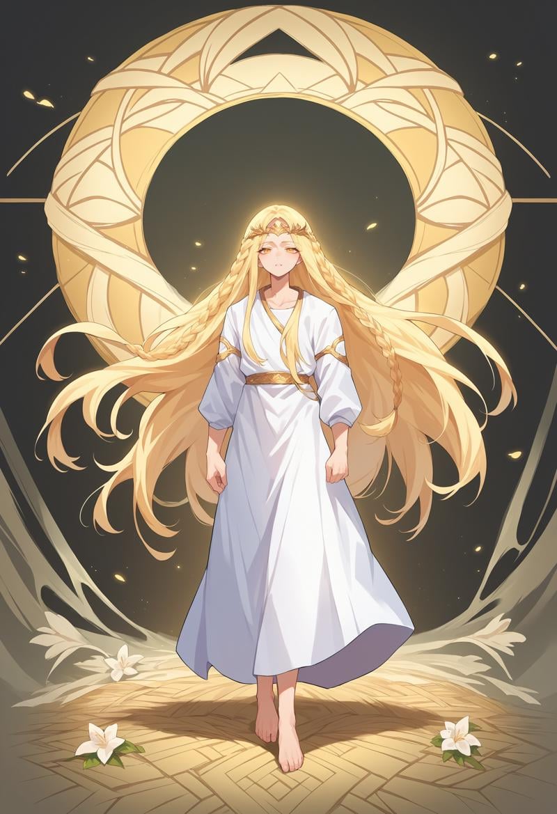 score_9, score_8_up, score_7_up, source_anime, <lora:wrenchEldenRingSoteMiquella:1>, ersotemiquella, blonde hair, 1boy, braid, long hair, yellow eyes, white robe, circlet, full-length portrait, barefoot, 