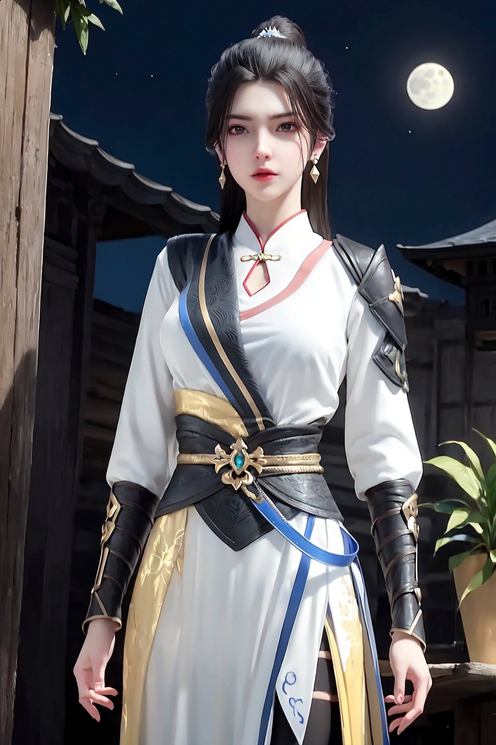 standing, dress, chinese_clothes, long_sleeves, detached_sleeves, wide_sleeves,  hanfu, armor, skirt, looking_at_viewer (8k, RAW photo, best_quality),(highly_detailed),(masterpiece:1.2),(ultra-detailed),(extremely_detailed_cg_8k_wallpaper),(realistic:1.2),(photorealistic:1.3),(scenery,  east_asian_architecture, full_moon, moon, night,  moonlight,  night_sky,  sky,  potted_plant,  plant),1girl, solo, long_hair, black_hair, hair_ornament, ponytail,  eyeshadow, eyelashes,  jewelry, earrings, makeup,  (medium_breasts),white_legwear,fingernails,medium_shot,(texture_skin:1.3),(shiny_skin:1.4),<lora:syqiangk_加强_红C雪_C9_5.2:0.8>,