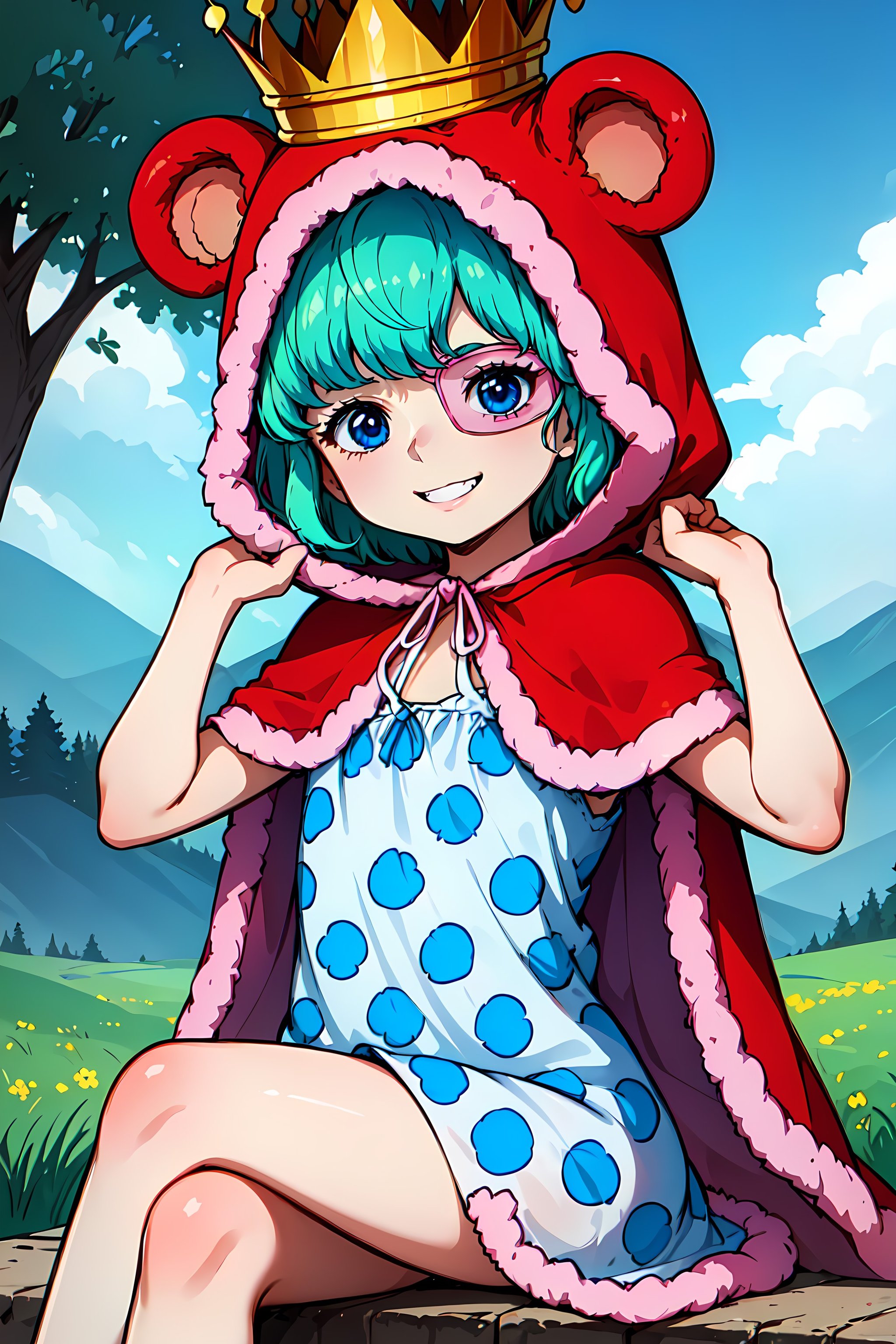 masterpiece, best quality,OPSugar, 1girl, solo,polka dot dress,short dress,crown,green hair,(capelet),sit,crossed legs,bear hood,bear ear,teeth,eyepatch,young girl,smile,red animal hood,hood up,blue eyes,flat chest,short hair,pose,outdoors,scenery,sleeveless dress,beautiful scenery,<lora:Sugar:0.7>