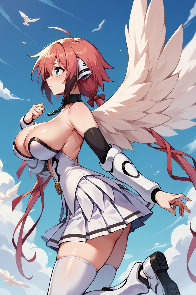 score_9, score_8_up, score_7_up, score_6_up, source_anime, BREAK 1girl,  <lora:ikaros-pdxl-nvwls-v1-000005:1> ikaros, twintails, ribbon, robot ears, white wings, choker, chain, bare shoulders, white dress, cleavage, pleated skirt, bracers, white thighhighs, large breasts, blue background, sky, clouds, flying, midair, from side, worried, hand to own chest