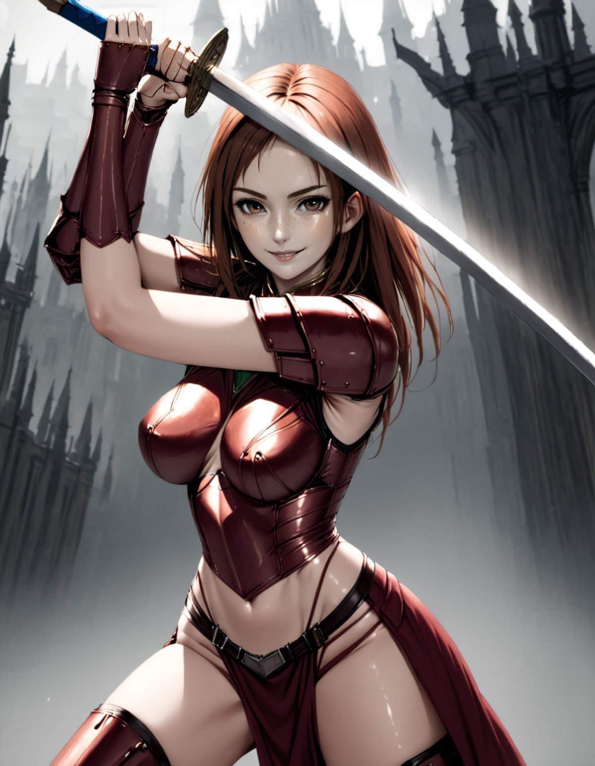 a realistic 20 year old kmw top model woman, freckles,high guard sword parry stance,shiny sword,seductive smile,skimpy leather armor,heroic fantasy background, <lora:kmw_v53:1> <lora:high-guard-sword-parry-stance:1>