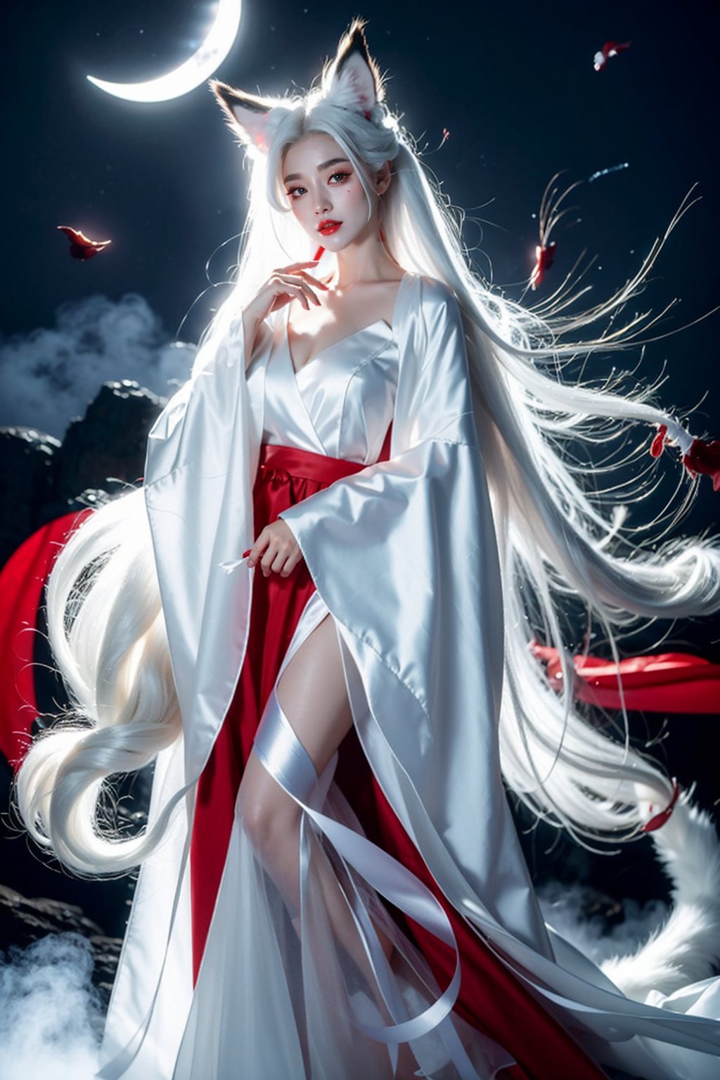 Ultra quality,8k,masterpiece,best quality,1girl,solo,long hair,looking at viewer,long sleeves,animal ears,cloud,night,moon, smoke,tail,full body,white hair,wide sleeves,fox ears,wind,robe,red lips,white theme, <lora:JAY - WHITE FOX:0.7>