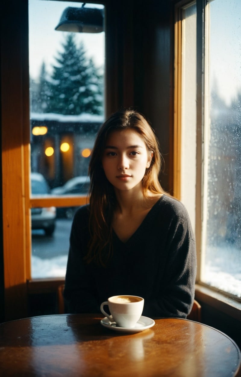 portrait photo, one young woman standing on street, film, film grain,, masterpiece, high resolution,sun light, dark moody, indoor, window, mirrow, table, chiar, coffee, snowing,  <lora:realfilm xl:.7>, masterpiece, high resolution,