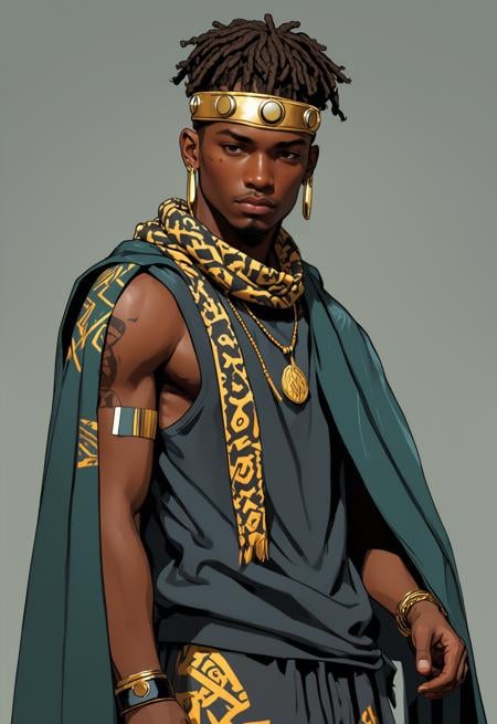 character concept art with dynamic poses for a young African Prince hair of braids, wearing track suit, tribal print cloak-scarf and a halo, crown, halo-crown hovering his head. He's Agile. urban decay cyberpunk. urban fashion, tracksuit, simple detail, flat colors, in the style of Satoshi Kon, flat colors