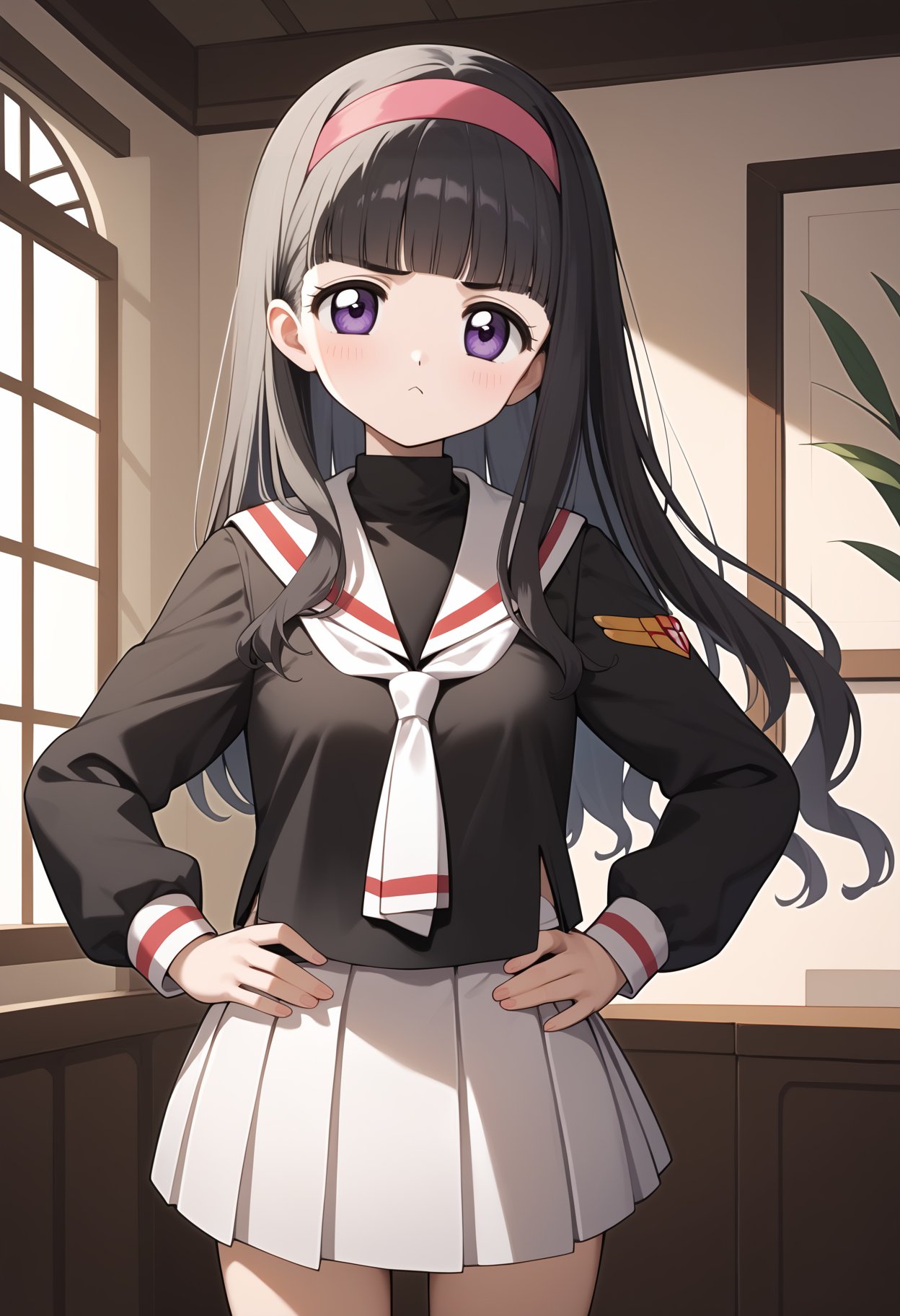 score_9, score_8_up, score_7_up, score_6_up, score_5_up, score_4_up, source_anime, aatomoyo, long hair, black hair, pink hairband, blunt bangs, purple eyes, small breasts, serafuku, white sailor collar, white neckerchief, black shirt, long sleeves, pleated skirt, white skirt <lora:daidouji_tomoyo_ponxl_v1:0.9>, indoors, standing, cowboy shot, hands on own hips, frown, pout