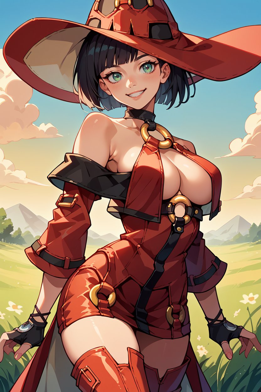 score_9, score_8_up, score_7_up, score_6_up, source_anime, 1girl, solo <lora:ggino-pdxl-nvwls-v1-000005:1> xrdIno, black hair, bare shoulders, red hat, choker, o-ring top, detached sleeves, long sleeves, red skirt, high-waist skirt, fingerless gloves, thigh boots, large breasts, looking at you, blue sky, smile, field, sunset