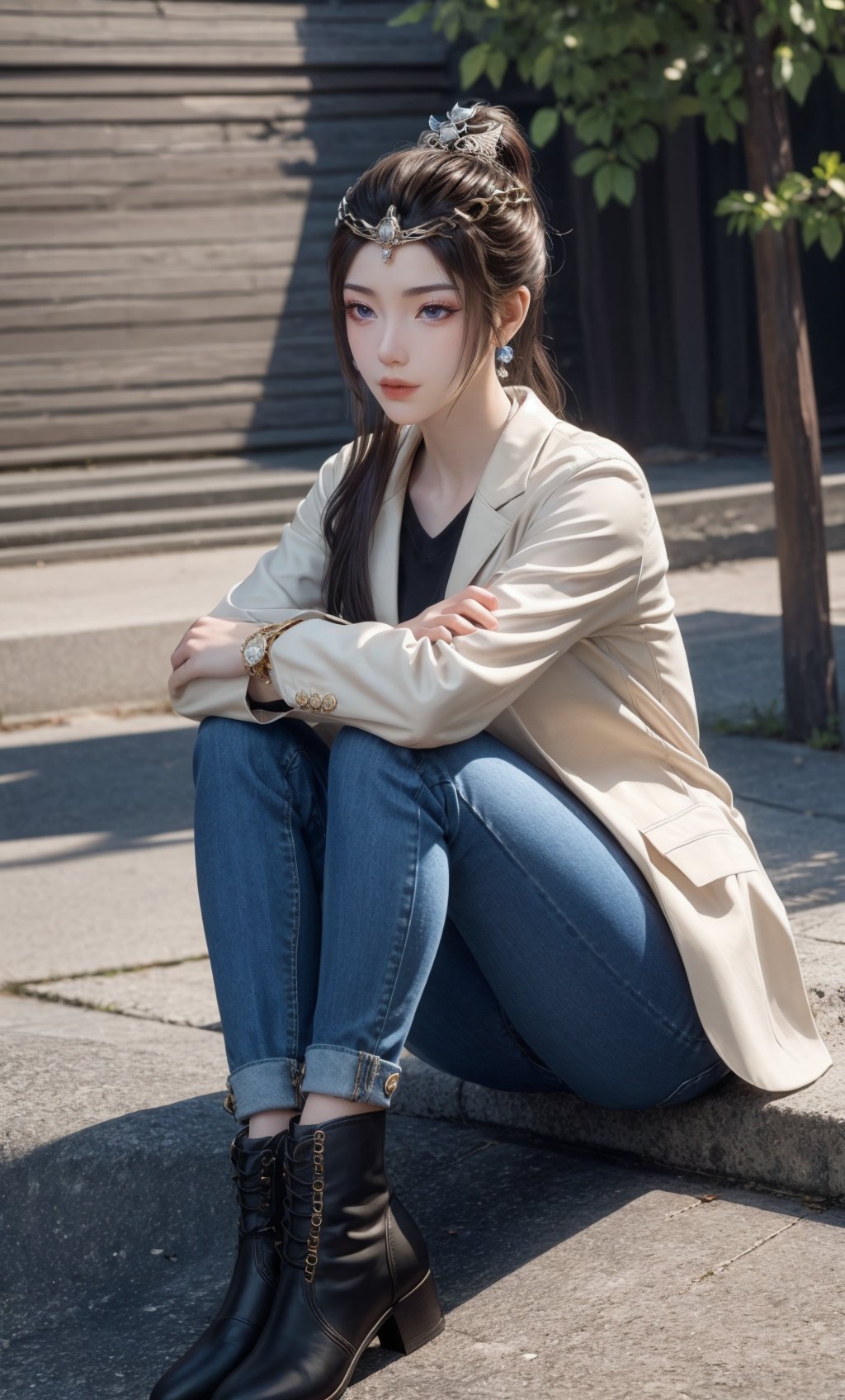 (Solid background:1.2),masterpiece,(best quality),official art,extremely detailed cg 8k wallpaper,(extremely delicate and beautiful),solo,realistic,photo_\(medium\),knees_together_feet_apart,upper body,(Casual Chic: Skinny jeans, striped shirt, blazer, and ankle boots.),1girl,solo,ponytail,tiara,crown,hair ornament,l,hair bun,hair ornament,hair stick,jewelry,long hair,<lora:yuanyao-10:0.65>,