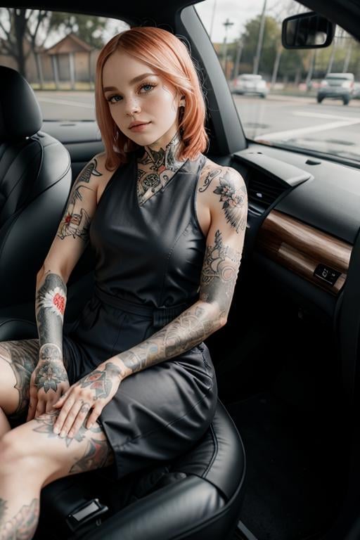 SGShkurushkain lots of tattoos tattooed wearing jumpsuit in  car,  <lora:SGShkurushka_198800:0.55>