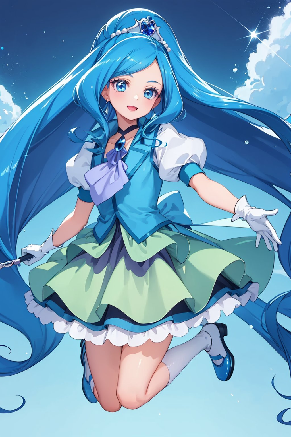 masterpiece,best quality, highly detailed, 1girl,blue vest,cure fontaine,looking at viewer,white gloves,puffy sleeves,short sleeves,solo,blue skirt,blue footwear,open mouth,blue theme,smile,d,choker,ascot,closed mouth,<lora:cure_fontaine:1>