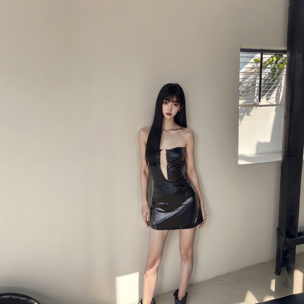 1girl,shiny_skin,black hair,bare shoulders,chest,standing,sunlight,<lora:kuku（0.86）:0.8>,