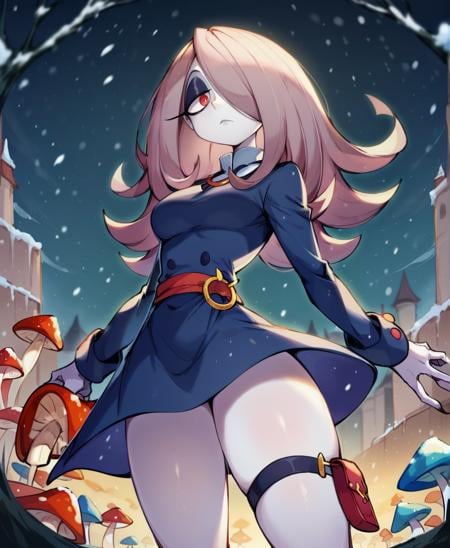 score_9_up, score_8_up, score_7_up, dynamic pose, cowboy shot, wide shot, 1girl, Sucy Manbavaran \(Little Witch Academia\), long hair, mauve hair, hair over one eye, red eyes, pale grey skin, medium breasts, mushrooms, o-ring thigh strap, outside, at a meadow, snowing, winter, <lora:USA-Twitter:.9>, USAStyle, black eyeliner