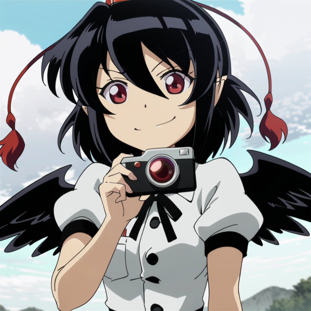 masterpiece, best quality, <lora:tgm-xl-a3.1:1>, pixiv,1girl, shameimaru aya, solo, hat, black hair, wings, tokin hat, red eyes, camera, looking at viewer, black wings, smile, pointy ears, parody, short hair, shirt, upper body, sky, style parody, short sleeves, cloud, ribbon, puffy sleeves