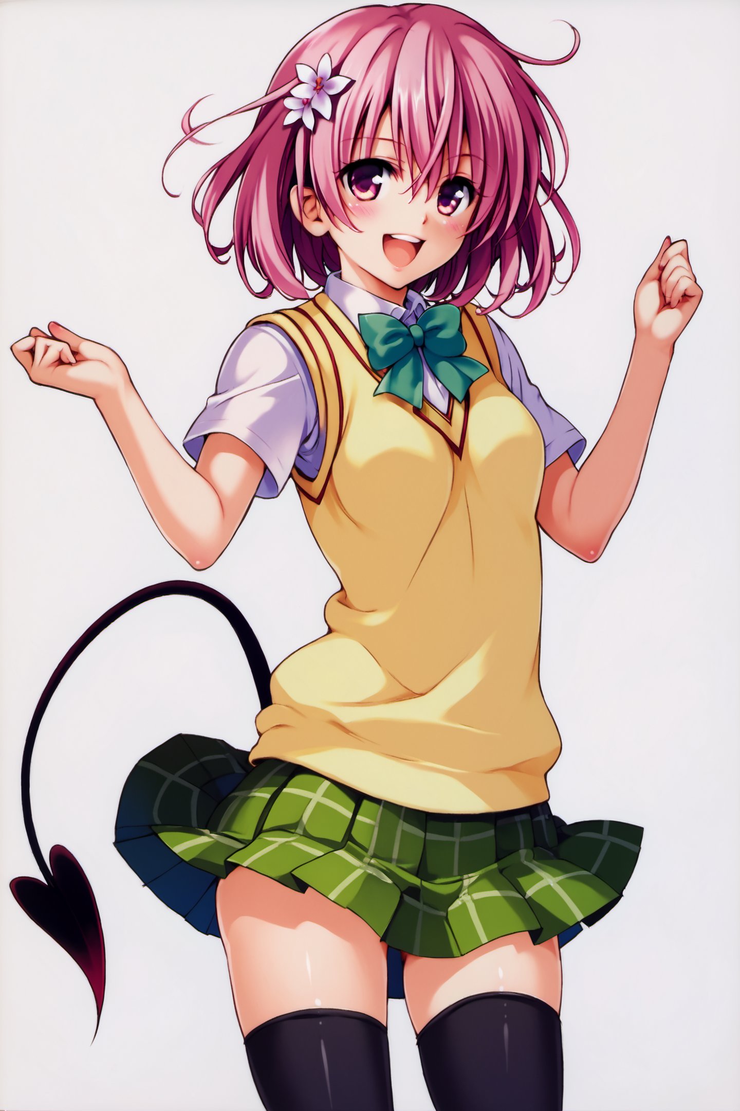 1girl,momo velia deviluke,solo,tail,thighhighs,pink hair,school uniform,smile,skirt,hair flower,open mouth,hair ornament,demon tail,zettai ryouiki,flower,sweater vest,short hair,pink eyes,black thighhighs,looking at viewer,:d,white background,bow,green skirt,simple background,pleated skirt,blush,short sleeves,shirt,plaid skirt,plaid,bowtie,score_8_up,<lora:Yabuki Kentarou_XL_PONY:0.8>,