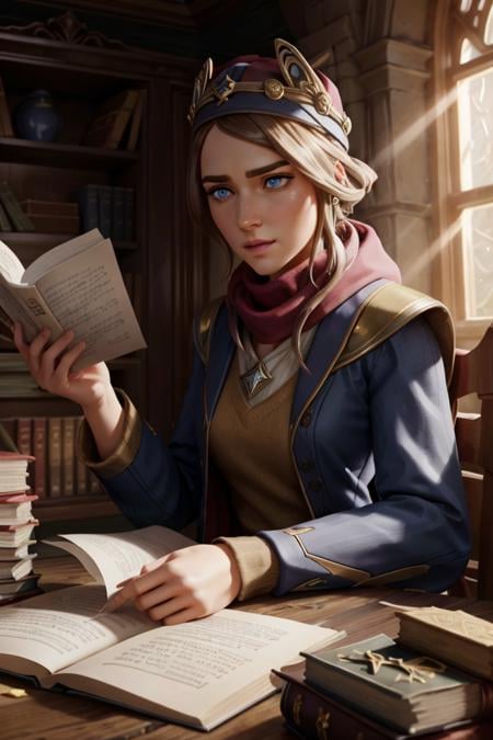 <lora:LoserFruit640:0.55> xyzloserfruit, 1girl, portrait quality, beautiful eyes, ambient occlusion, 3d render, dramatic,  solo, half shot, looking at viewer, detailed background, detailed face, intricate details, (hogwarts theme:1.1) scholar sitting at desk,  reading, awestruck, clutter, surrounded by  papers,  notes, scrolls,  magic texts, runes, abacus,  cryptic device, formulas,   magic emerging from text, (style-swirlmagic:1.0), ancient magic, knowledge,  discovery, thought, library in background, filtered light, magical fantasy atmosphere,