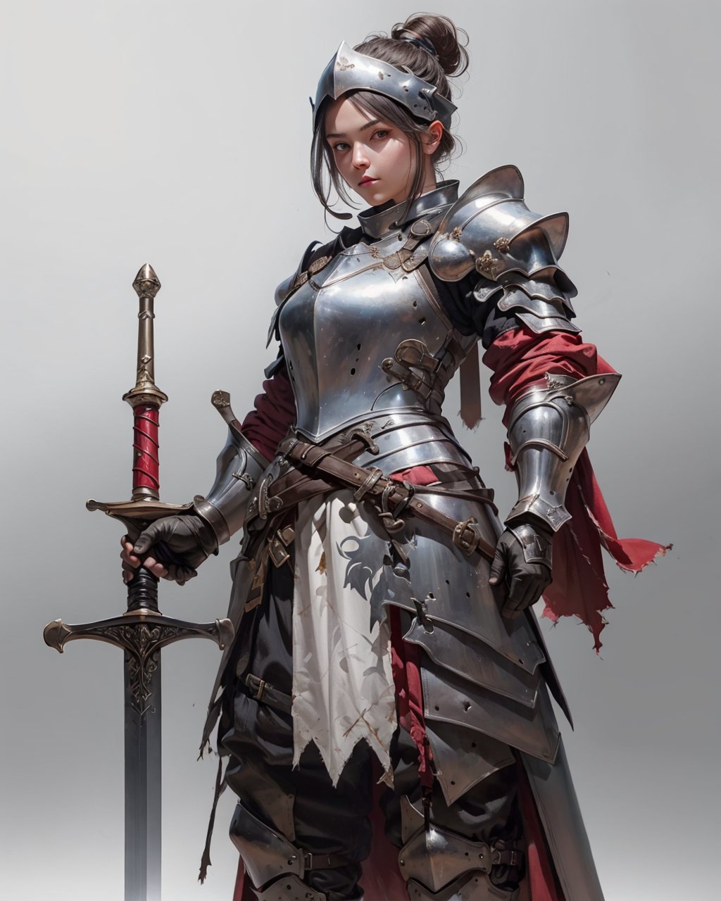 best quality,masterpiece,highly detailed,ultra-detailed, <lora:neg4all_bdsqlsz_V3.5:-1>,  <lora:knight:1> knight, weapon, armor, holding weaponambiguous gender, armor, armored boots, axe, black hair, boots, brown eyes, full armor, gauntlets, greaves, grey eyes, headwear removed, helmet, holding sword, holding weapon, knight, pauldrons, planted sword, red skirt, ribbon, scabbard, sheath, shoulder armor, simple background, single hair bun, solo, standing, sword, torn clothes, vambraces, weapon, weapon over shoulder, white background