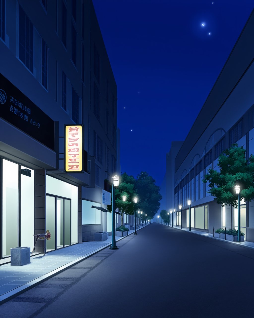 <lora:flux-backgroud:2>,The image is a digital illustration of a street at night. The street is lined with tall buildings on both sides, with a row of shops on the left side. The shops have a sign that reads "Collection Street" and there are street lamps on the right side of the street. The sky is dark blue with stars twinkling in the background. There are trees and benches along the street, and a few people can be seen walking on the sidewalk. The overall mood of the image is peaceful and serene.