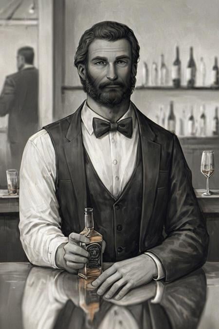 score_9, score_8_up, score_7_up, score_6_up, score_5_up, score_4_up, 1boy, male focus, facial hair, solo, bowtie, mustache, bow, monochrome, formal, cup, looking at viewer, vest, drinking glass, suit, beard, holding, whiskey, greyscale, jacket, alcohol, blurry, bar (place), indoors <lora:Gothic Art  Style SDXL_LoRA_Pony Diffusion V6 XL:1>