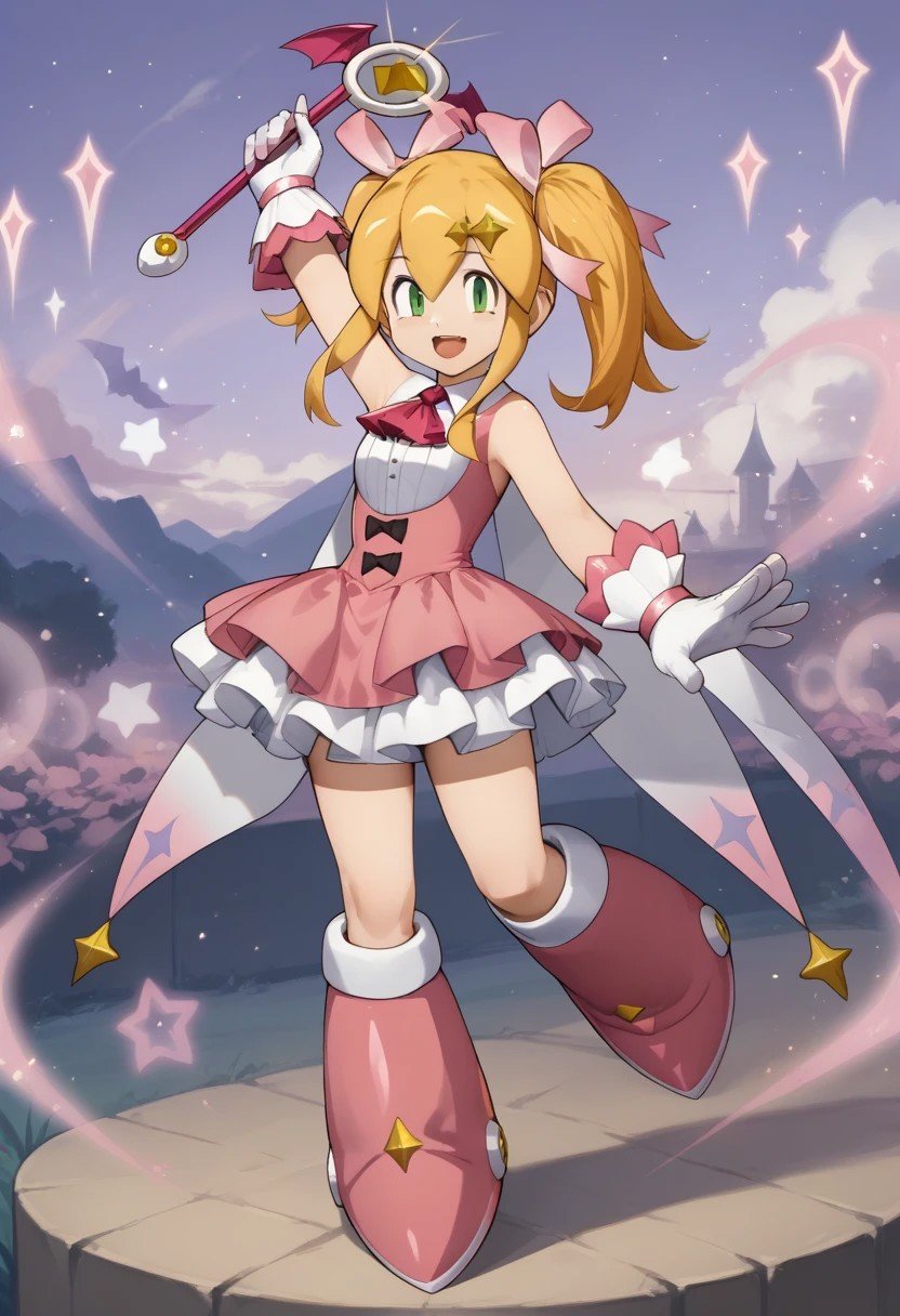 score_9,score_8_up,score_7_up,source_anime, Roll (Halloween),1girl,solo,looking at viewer,smile,open mouth,skirt,gloves,dress,holding,full body,:d,boots,sleeveless,white gloves,star \(symbol\),arm up,side ponytail,magical girl,knee boots,pink dress,wand,pink footwear,holding wand,