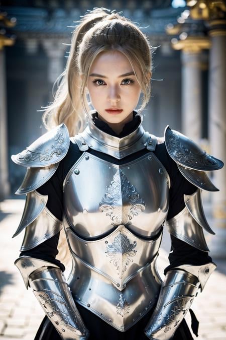 half body, walking pose, shot from front, slow motion, female paladin wearing the full body, (light silver armour:1.2),(ornately decorated armor), (insanely detailed, bloom:1.2), (analog:1.2), (high sharpness), (detailed pupils:1.1), detailed face and eyes, (long blonde Hair, ponytail,ecstatic:1.1), (young woman:1.1), sharp, real shadow, (temple background:1.2), arms crossed over the chest , looking at viewer, photographed by Canan EOS R6, 135mm, 1/1250s, f/2.8, ISO 400